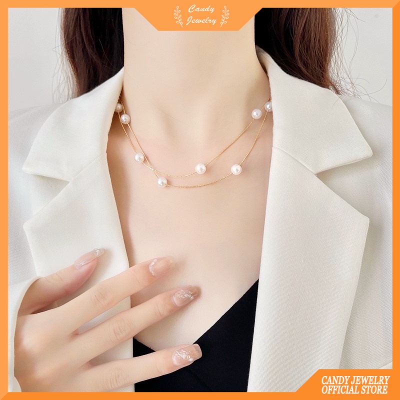 Vòng cổ Hai Lớp Đính Ngọc Trai Phong Cách Ins Sang Trọng