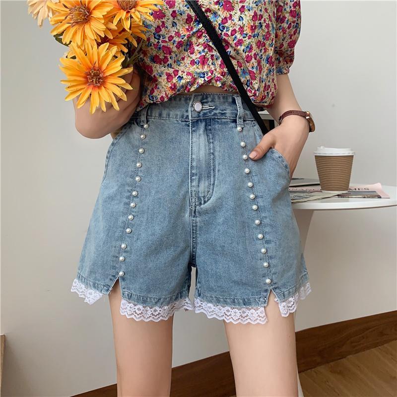 Quần Short Denim Phối Ren Lưng Cao Ống Rộng Thời Trang Mùa Hè Hàn Quốc Mới Cho Nữ