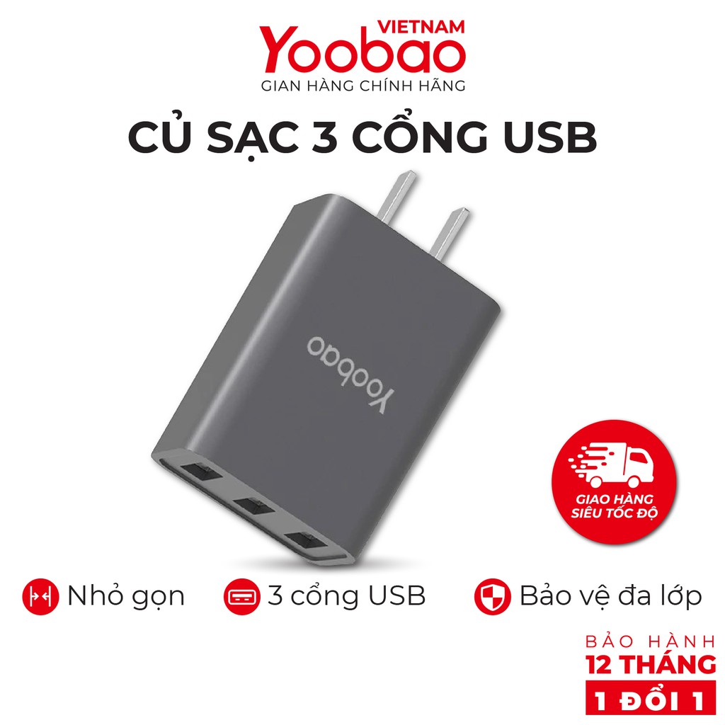 Củ sạc 3 cổng USB Yoobao Y-723 Sạc nhanh dòng 3.4A Chân dẹt kiểu EU - Hãng chính thức - Bảo hành 12 tháng 1 đổi 1