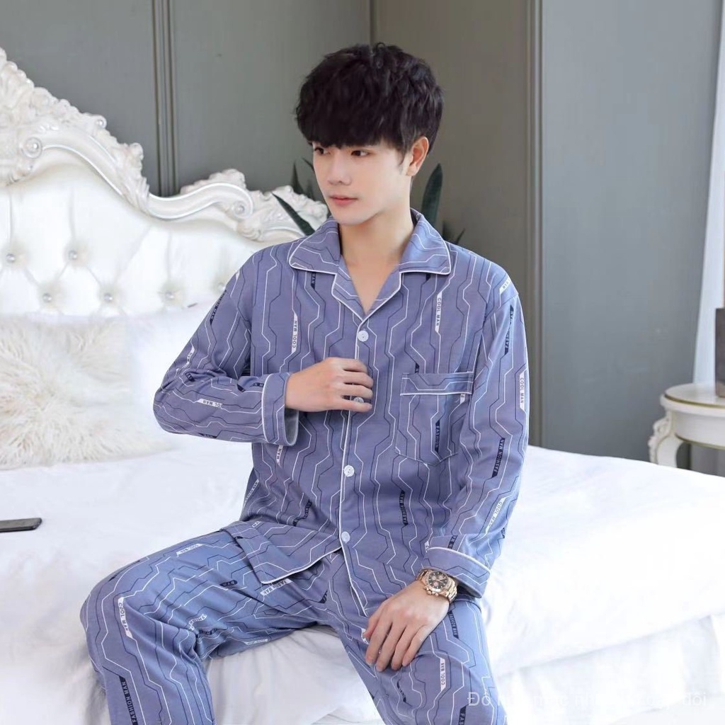 Set đồ ngủ tay dài chất liệu cotton thời trang xuân thu cho nam