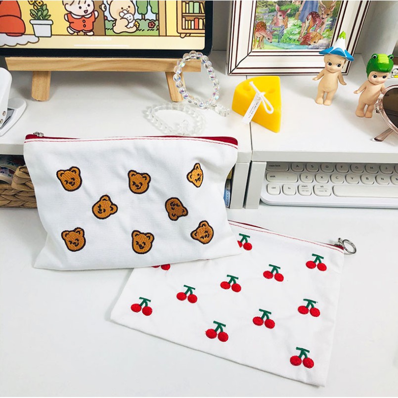 Túi canvas đựng đồ trang điểm thêu hình cherry dễ thương