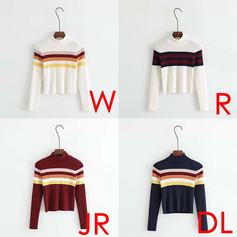 Áo Sweater dệt kim hoạ tiết kẻ sọc thiết kế cổ lọ thanh lịch