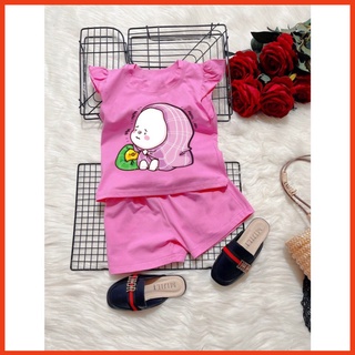 ( Khuyến mãi ) Bộ đồ bé gái tay nhúng bèo hình thỏ choang khăn tím và vịt vàng cho bé gái từ 6kg đên 29kg.DBBG55.