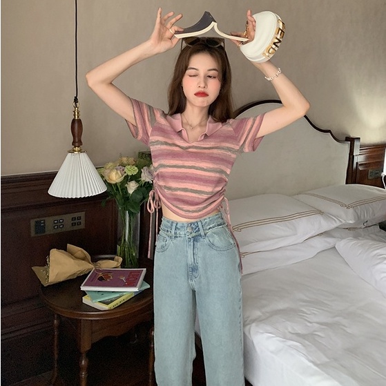 【ZHELIHANGFEI】Áo Thun POLO Tay Ngắn Cổ POLO Họa Tiết Kẻ Sọc Phối Dây Rút Thời Trang Trẻ Trung