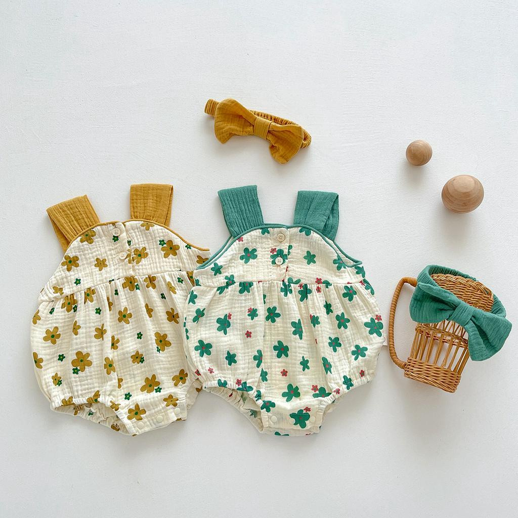 Set Áo liền quần Hoa + Băng Đô Cài Tóc Cho Bé Gái