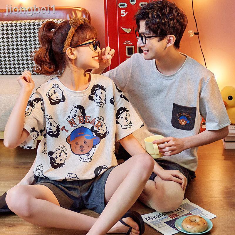 Bộ Đồ Ngủ 2 Món Vải Cotton Mỏng Tay Ngắn In Hoạt Hình Kiểu Hàn Quốc Thời Trang Mùa Hè Cho Các Cặp Đôi