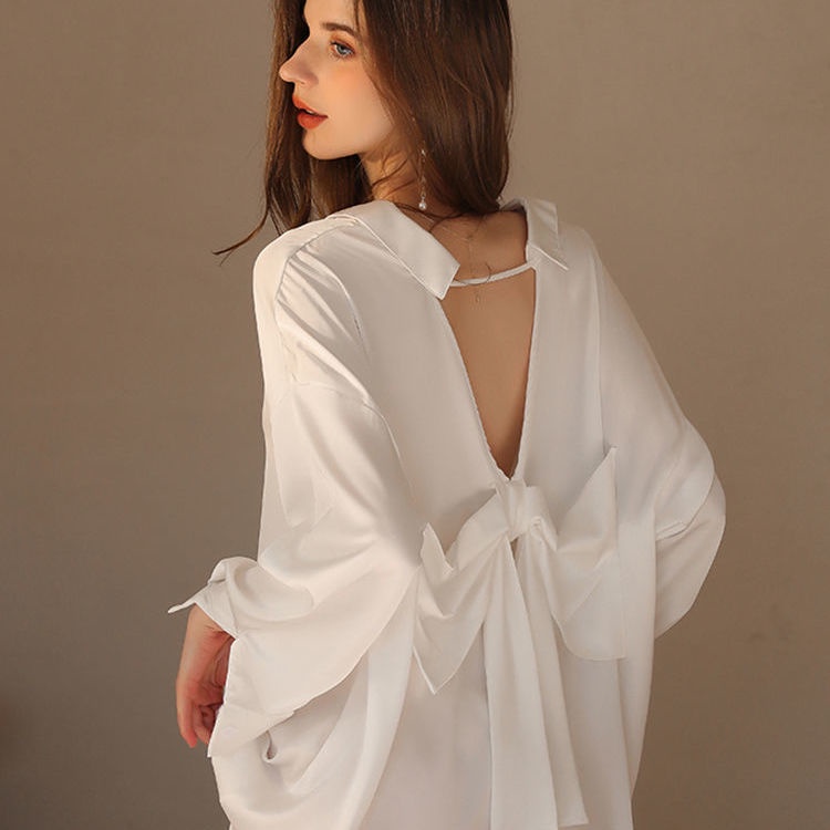 Đầm Ngủ Sơ Mi Dài Tay Thắt Nơ Lưng Gợi Cảm Cho Nữ