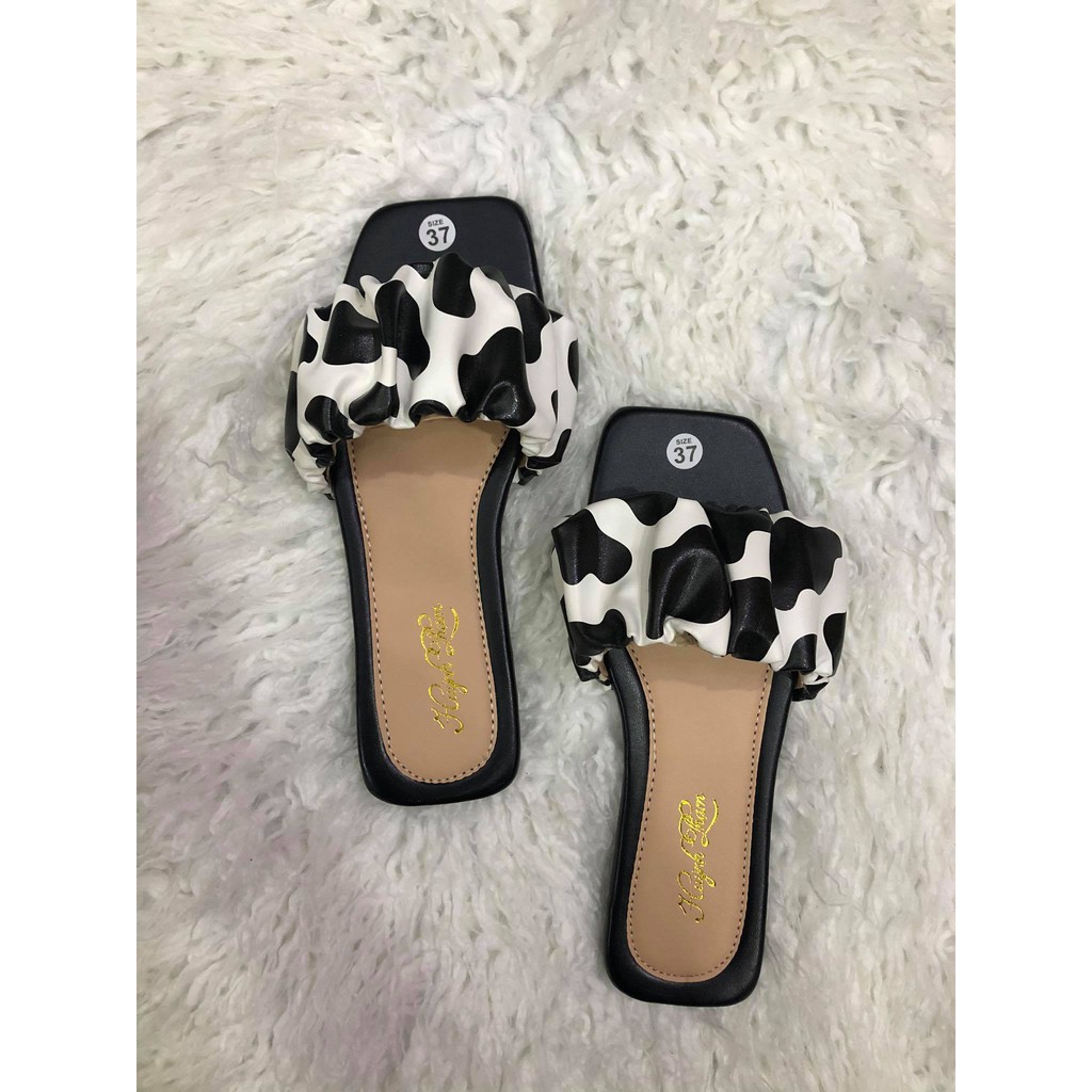 dép quai ngang nữ nhúm thun họa tiết bò sữa siêu hot mẫu mới 2021