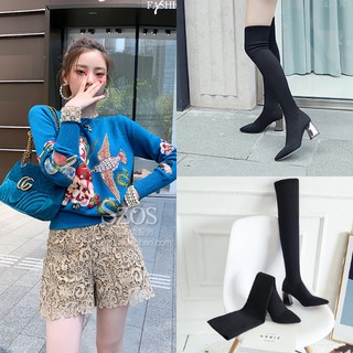 Giày boot len cổ cao đế vuông quá gối màu đen GBLC-04B3