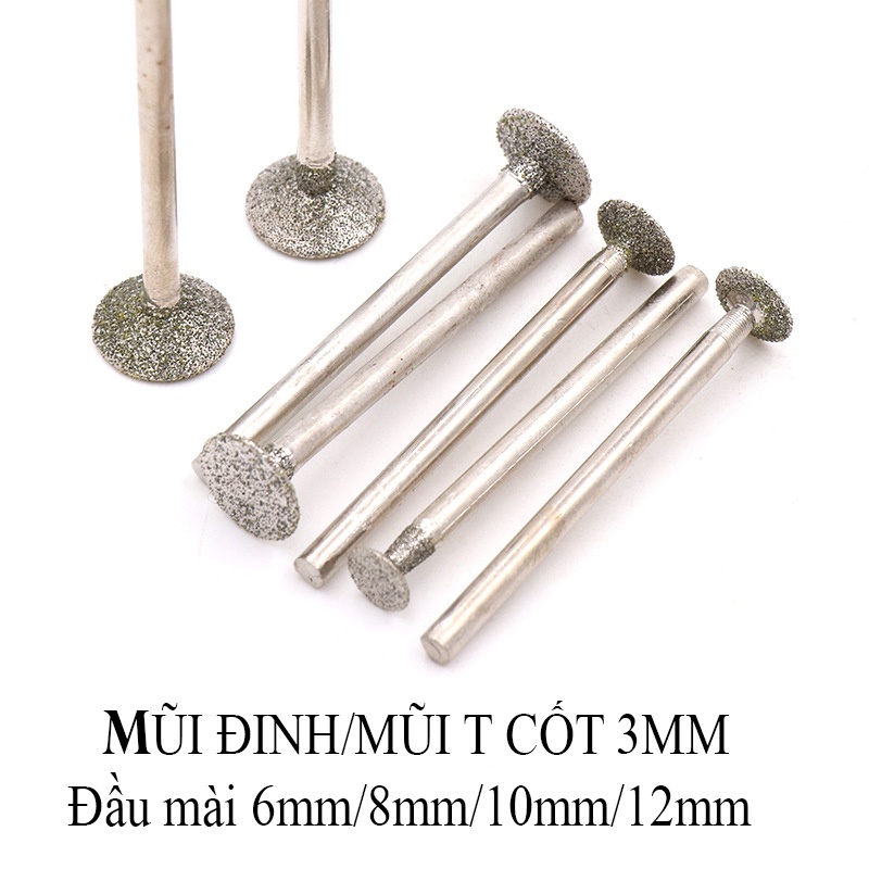 Bộ 10 mũi cắt hình chữ T/Mũi Đinh (Mã H) chân cán 3mm chuyên dụng mài, cắt đá thô, đá cảnh, chạm tượng