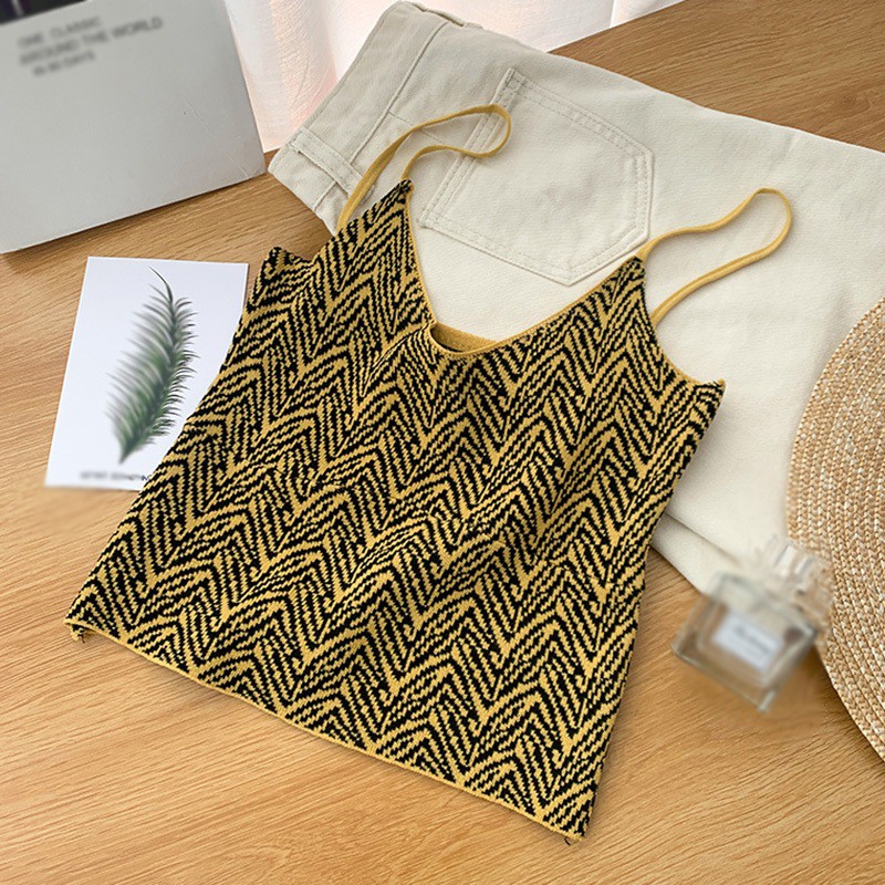 Áo Hai Dây Dệt Kim Cổ Chữ V Dáng Ôm Hoa Văn Kẻ Sọc Thời Trang Dành Cho Nữ