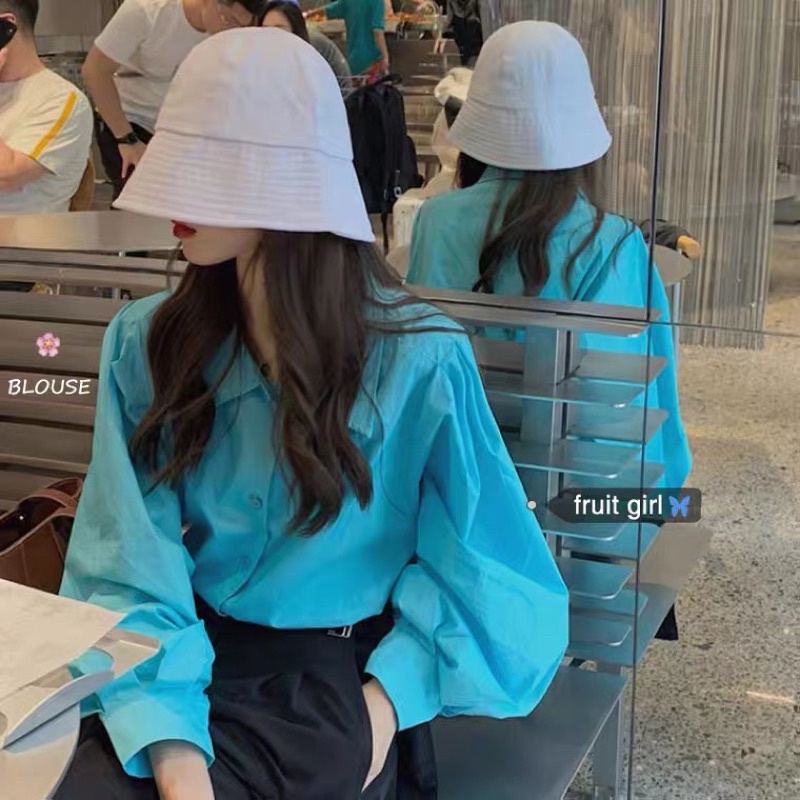 Áo sơ mi tay phồng màu xanh, áo sơ mi màu xanh dương