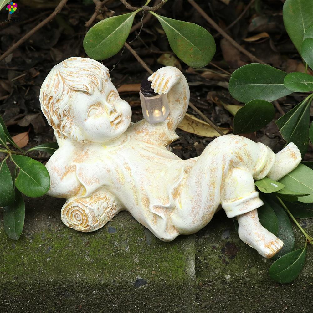 MIOSHOP Decor Outdoor Statues Firefly Jar Decorative Garden Sculptures Resin Ornament Children Boy Girl Solar Light