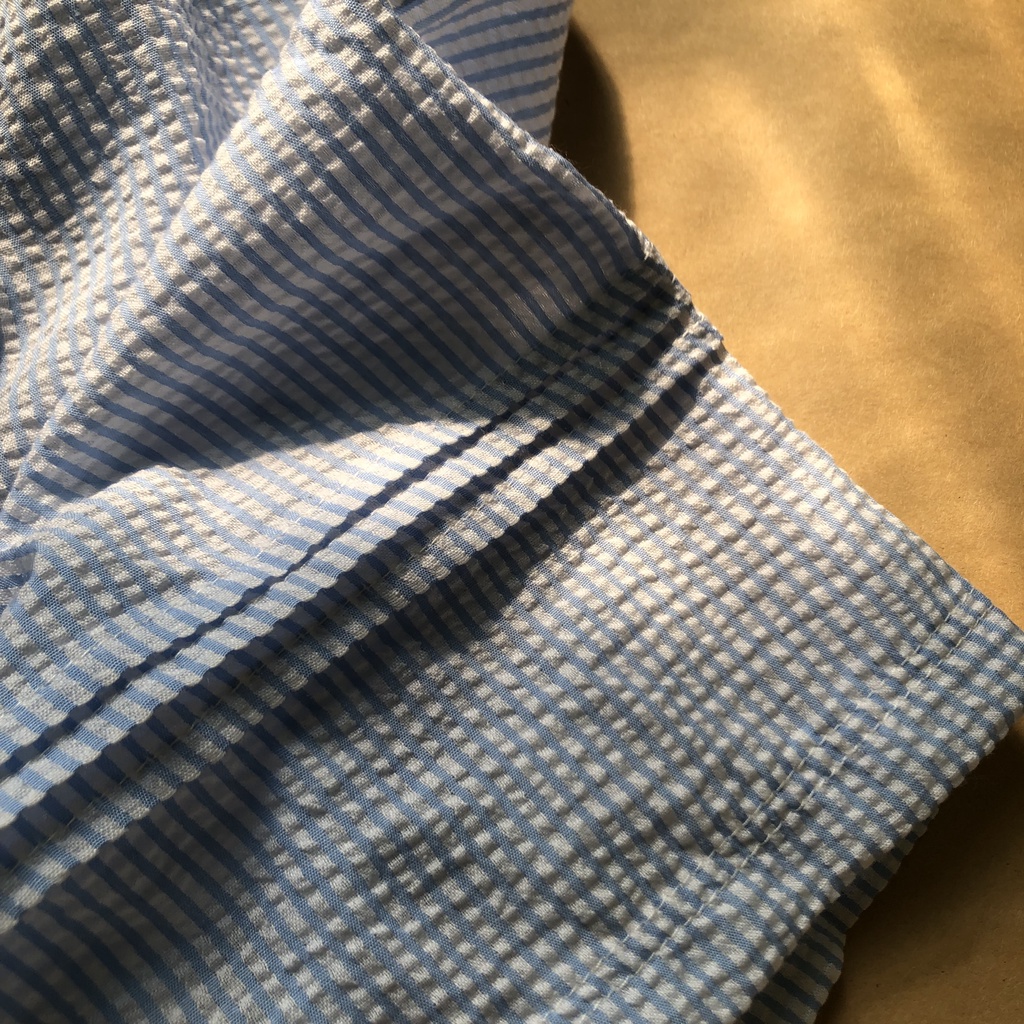 Váy đầm cho bé gái - đầm Smock sọc kẻ xanh chất đũi xốp họa tiết thêu tay