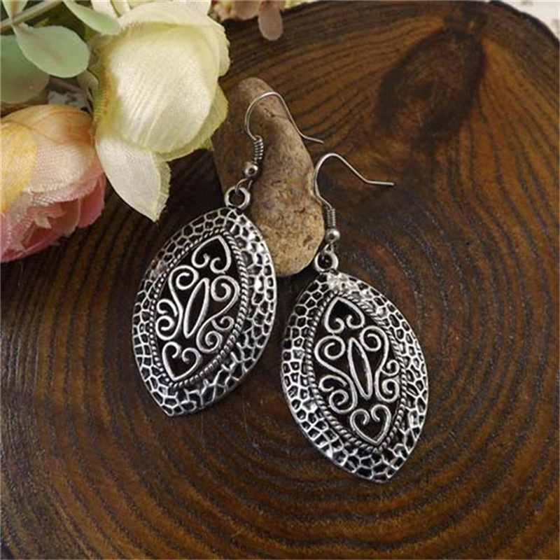 Women Simple Jewelry Bohemia Fashion Silver Hollow Carved Water Drop Earrings Gift