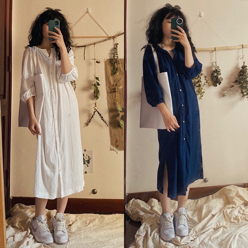 Váy sơ mi cổ V freesize đũi xốp không nhăn thanh lịch (ảnh thật tự chụp)