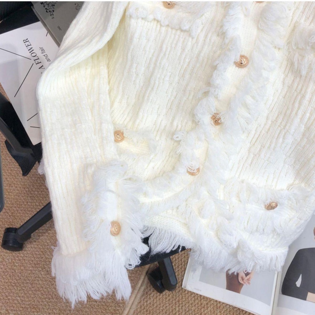 Áo Khoác Cardigan Dệt Kim Dáng Ngắn Phối Tua Rua Thời Trang Mùa Xuân 2022 Mới