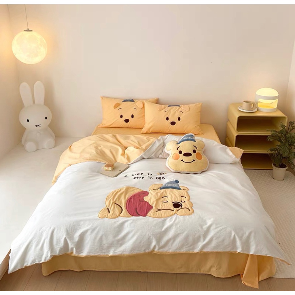 Bộ Chăn Ga Gối 5 Món mẫu GẤU POOH -  Cotton Linen Họa Tiết Hoạt Hình Disney Dễ Thương