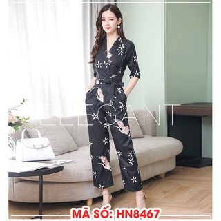 ⚡️ có đủ size ⚡️#HN8467 JUMPSUIT ĐỒ BAY ỐNG SUÔNG CỔ ĐẮP CHÉO CỘT EO HỌA TIẾT CHIM HẠT SANG TRỌNG - HÀNG NHẬP