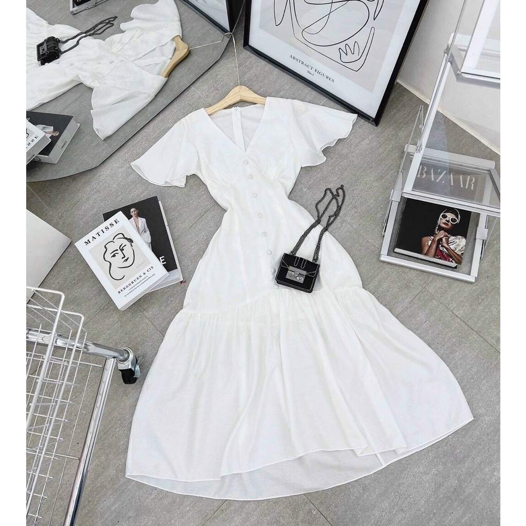 Váy trắng nữ đầm đuôi cá ôm body bọc nút chụp ảnh dự tiệc dạo phố Kawaii Mise