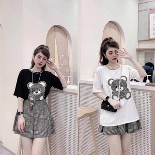 Set Bộ Áo Phông Gấu Chân Váy Kẻ CHANREEN [FREESHIP] Set đồ trẻ trung, năng động, tách set mix đồ khác siêu tiện dụng