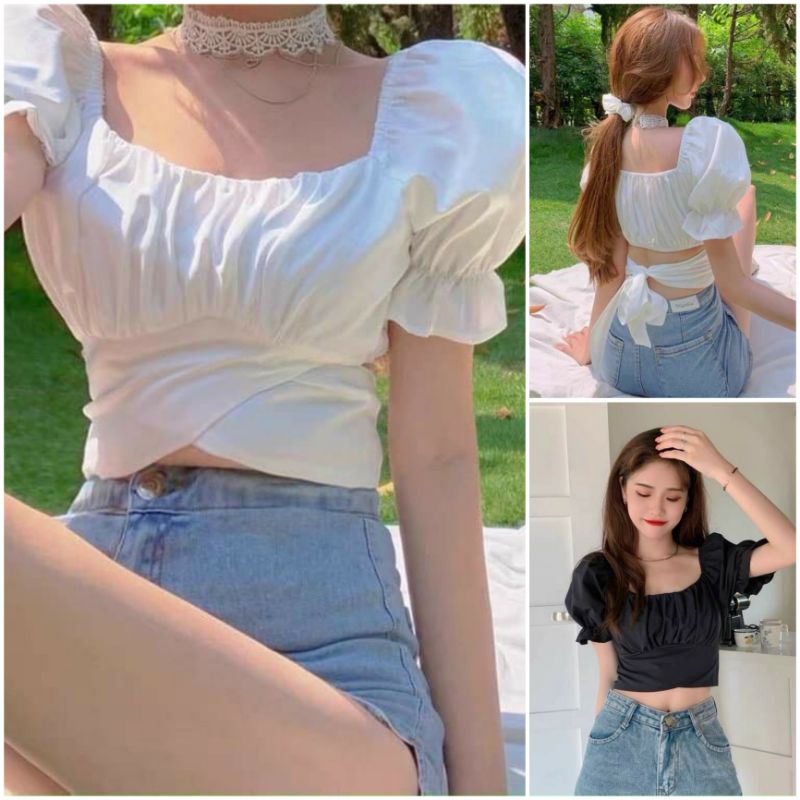 Áo Croptop cổ vuông cột nơ eo điệu đà - Áo kiểu nữ Croptop