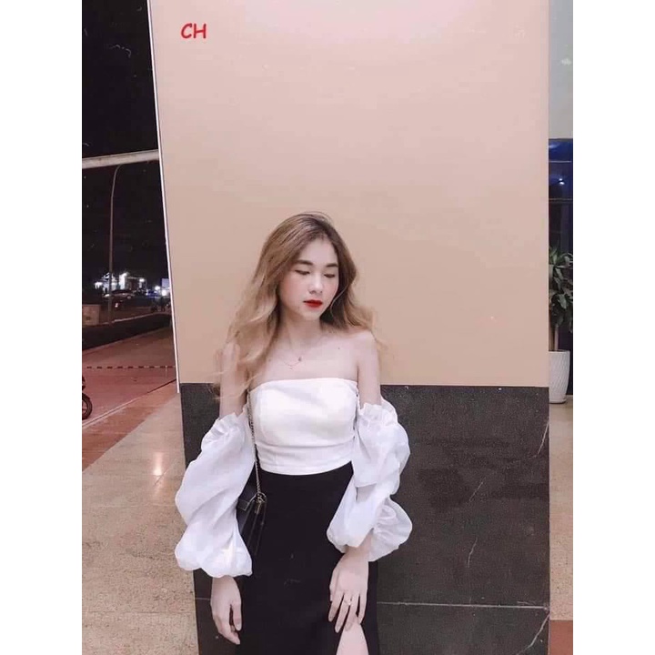 [ HÓT] Set Váy trễ vai chân váy xẻ điệu đà Zadola fashion Áo voan mịn chân váy da cá lạnh