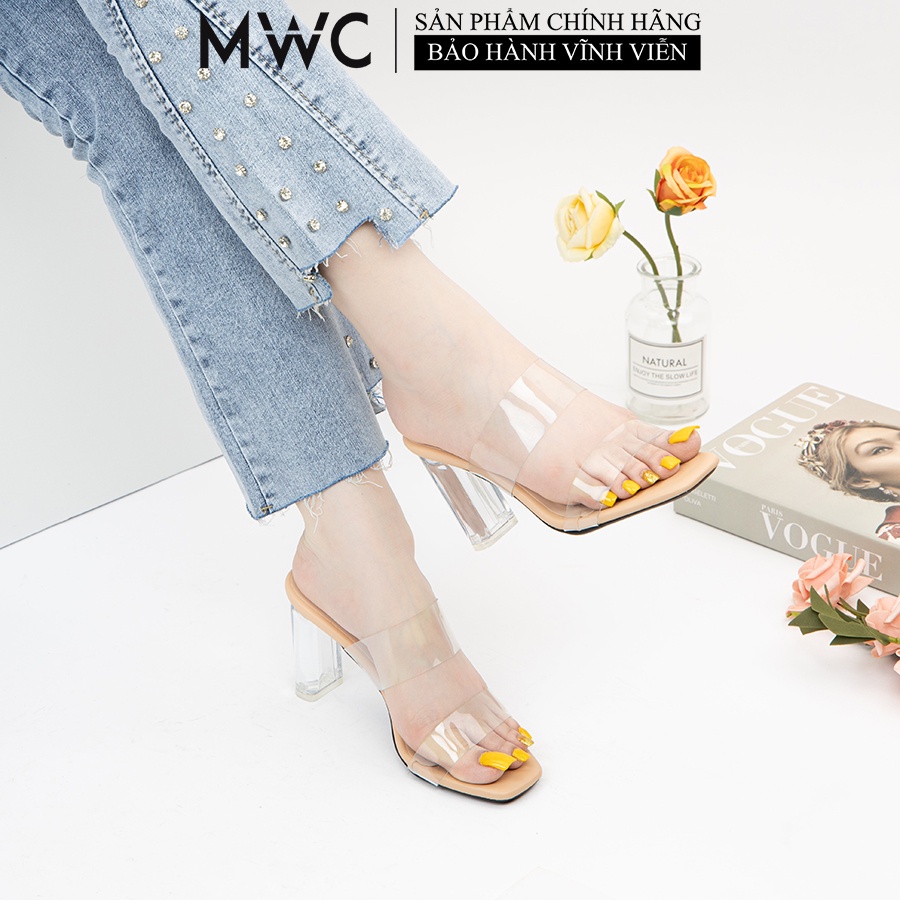 Giày MWC 4136 - Guốc Cao Gót 9cm, Cao Gót Đế Trong Suốt, Dép Cao Gót Quai Ngang Trong Suốt Phong Cách