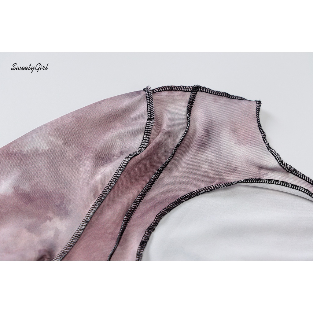 Đầm Ngắn Ôm Dáng Tay Dài Khoét Lỗ In Màu Sắc Tương Phản Cho Nữ