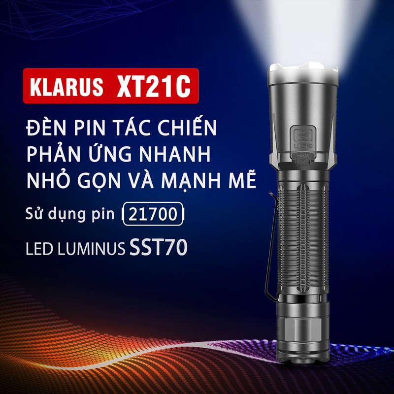 Đèn pin KLARUS XT21C tác chiến nhanh sáng 3200 lumen xa 324m LED Luminus sạc type-C pin 21700 5000mAh Đèn &amp; Đèn pin