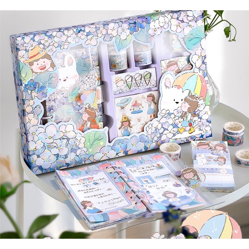 Set hộp quà tặng dễ thương kèm sổ tay sticker, washi, giấy note và móc khoá xinh