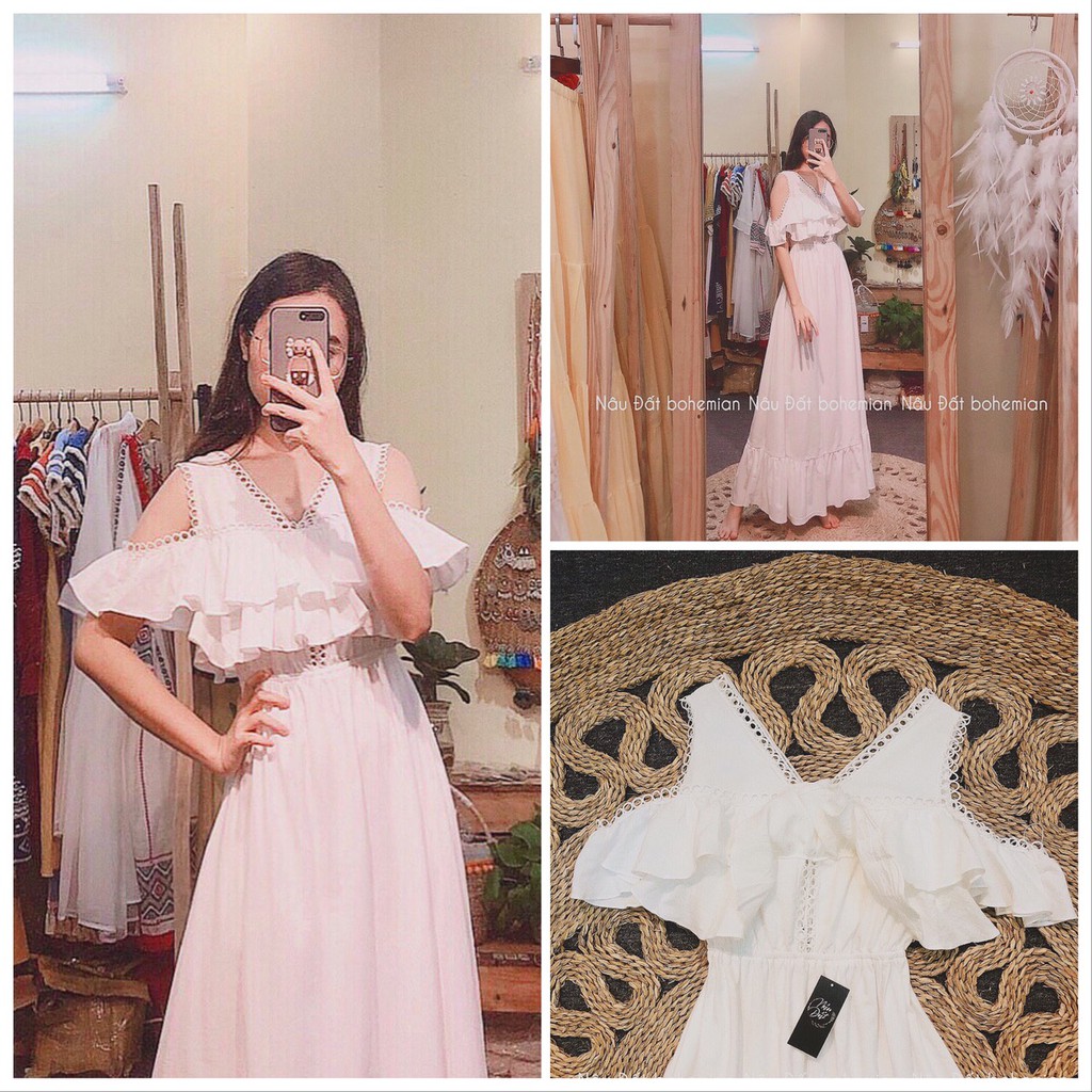 [FREESHIP] Đầm maxi xoè rớt vai phối ren