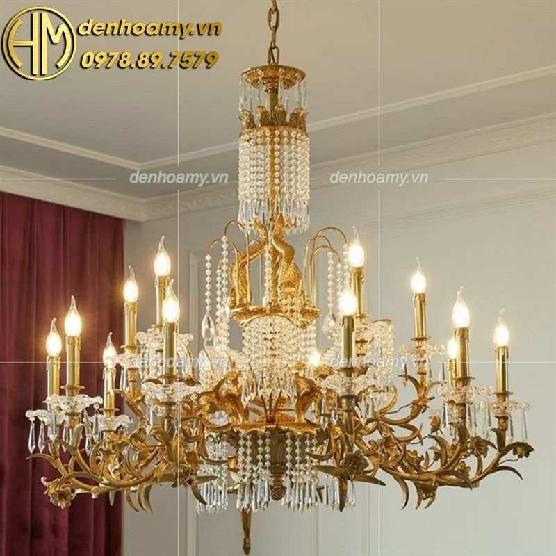 Đèn chùm - Đồng+Pha lê - D115*H103cm (15 tay đèn) - Bóng E14 (bộ)