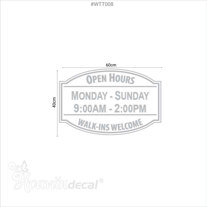 Decal giờ mở cửa Hours of operation dán kính