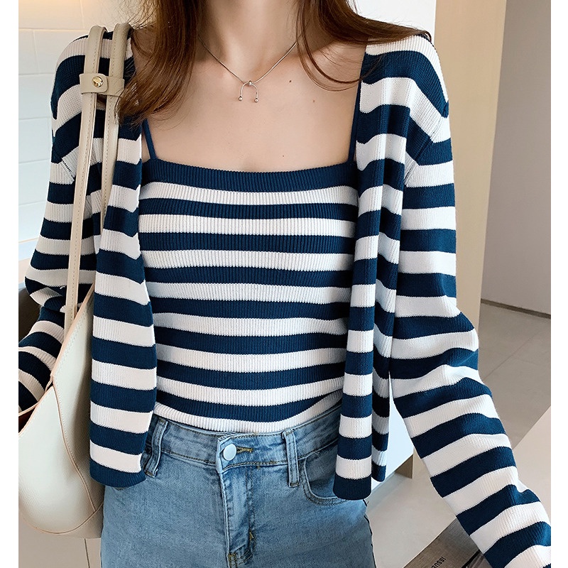 Set Áo Cardigan Tay Dài Kẻ Sọc + Áo Hai Dây Ngắn Phong Cách Hàn Quốc Thời Trang Mùa Thu Mới Cho Nữ