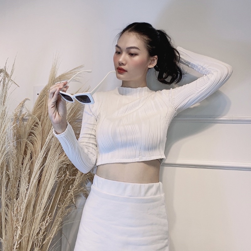 Áo croptop tay dài cổ thuyền thun co giãn - Audrey Studio