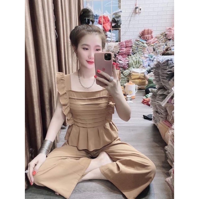 “NEW”Sét đồ bộ áo nhúm sát nách cổ vuông