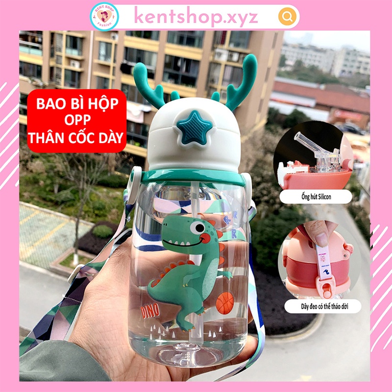 Bình tập uống nước cho bé có ống hút chống sặc Silicon Cao Cấp, Bình uống nước Sừng Nai Cute KID cùng bé đi học