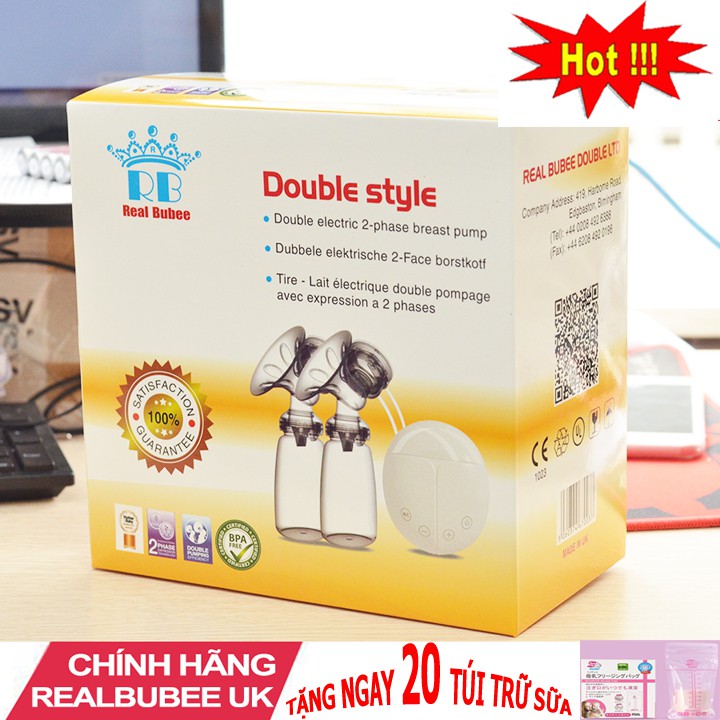 Máy hút sữa mẹ cầm tay chạy bằng điện chính hãng Real Bubee Anh Quốc + 20 túi trữ sữa