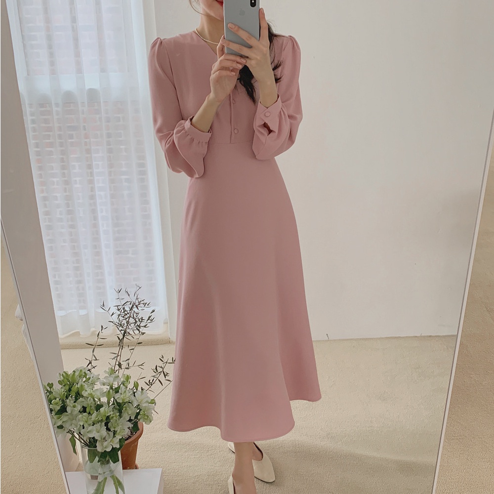 Đầm midi SUXI dài tay cổ chữ V đơn giản thời trang mùa hè cho nữ