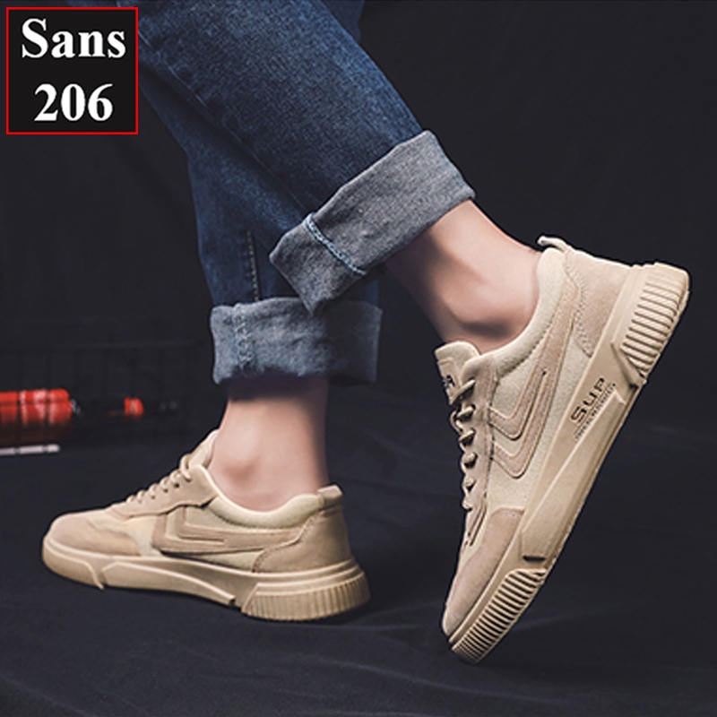 Giày sneaker nam nữ unisex Sans206 da lộn màu be đen đế bằng cột dây giầy thể thao sports