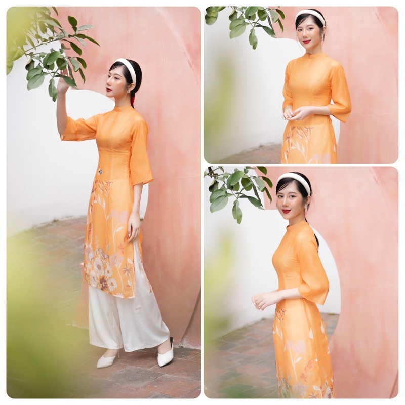 Set Áo Dài Cách Tân Hoa Vàng Chất Liệu Tơ Voan Cao Cấp
