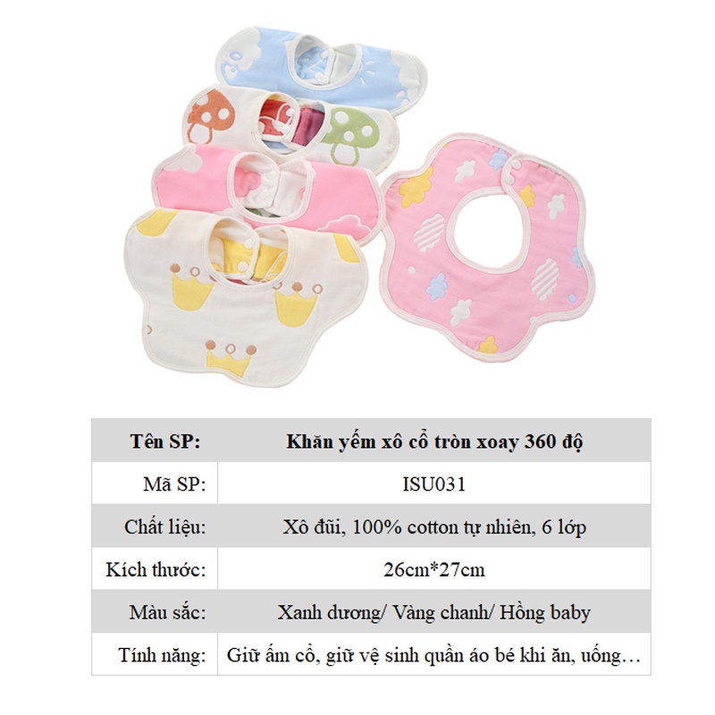 Yếm quàng cổ cho bé, vải xô 6 lớp 100% cotton xoay tròn 360 độ cúc bấm dễ thương