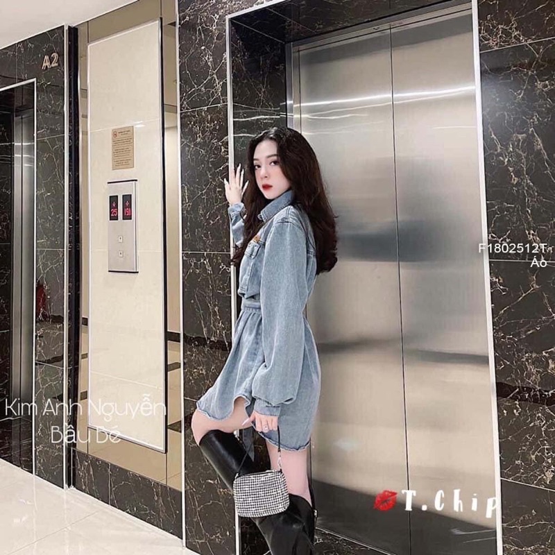 Áo sơ mi jeans dài thắt đai