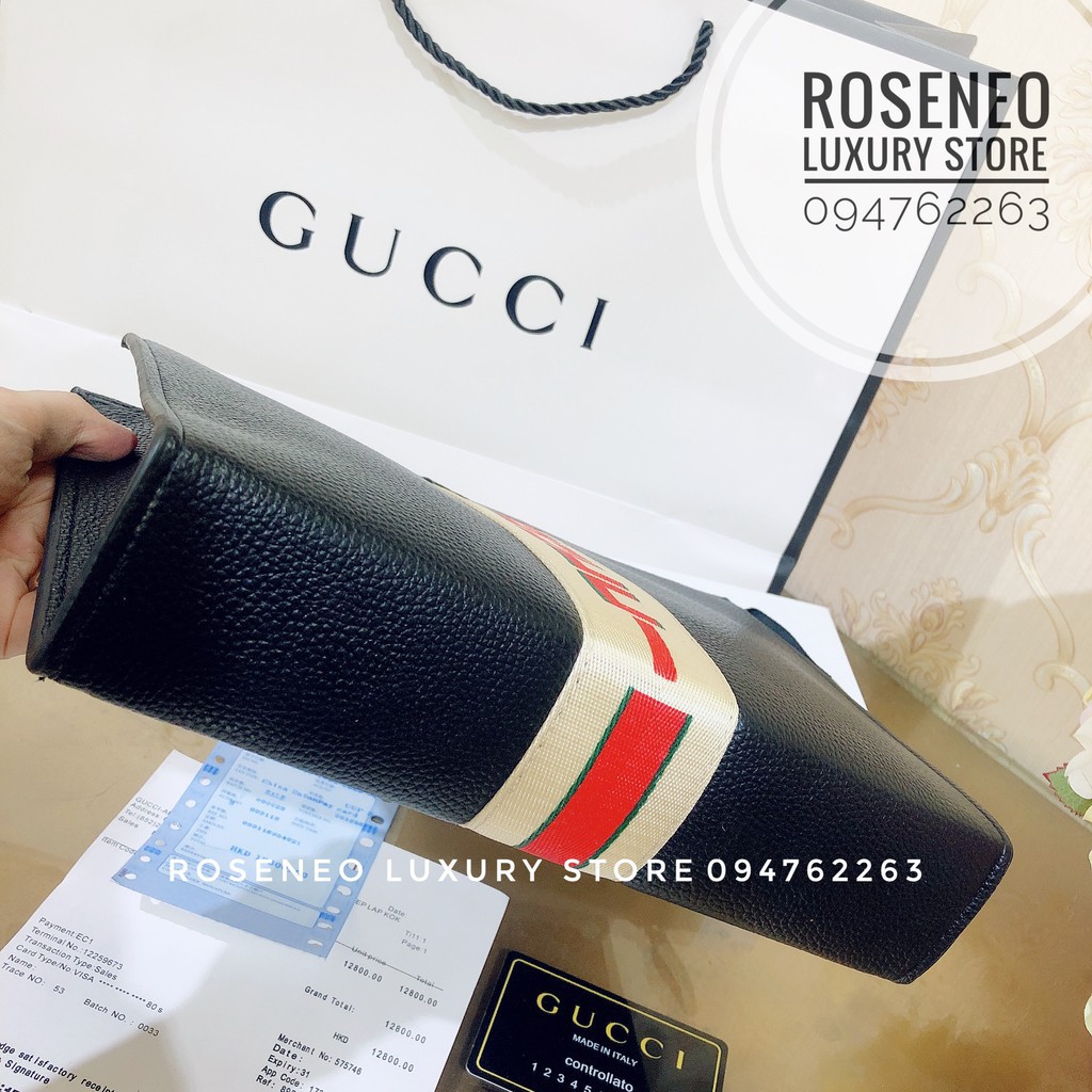 VÍ CLUTCH CẦM TAY GUCCI SUPER‼️fullbox, card, túi vải hãng vải kẻ sọc in chữ Gucci