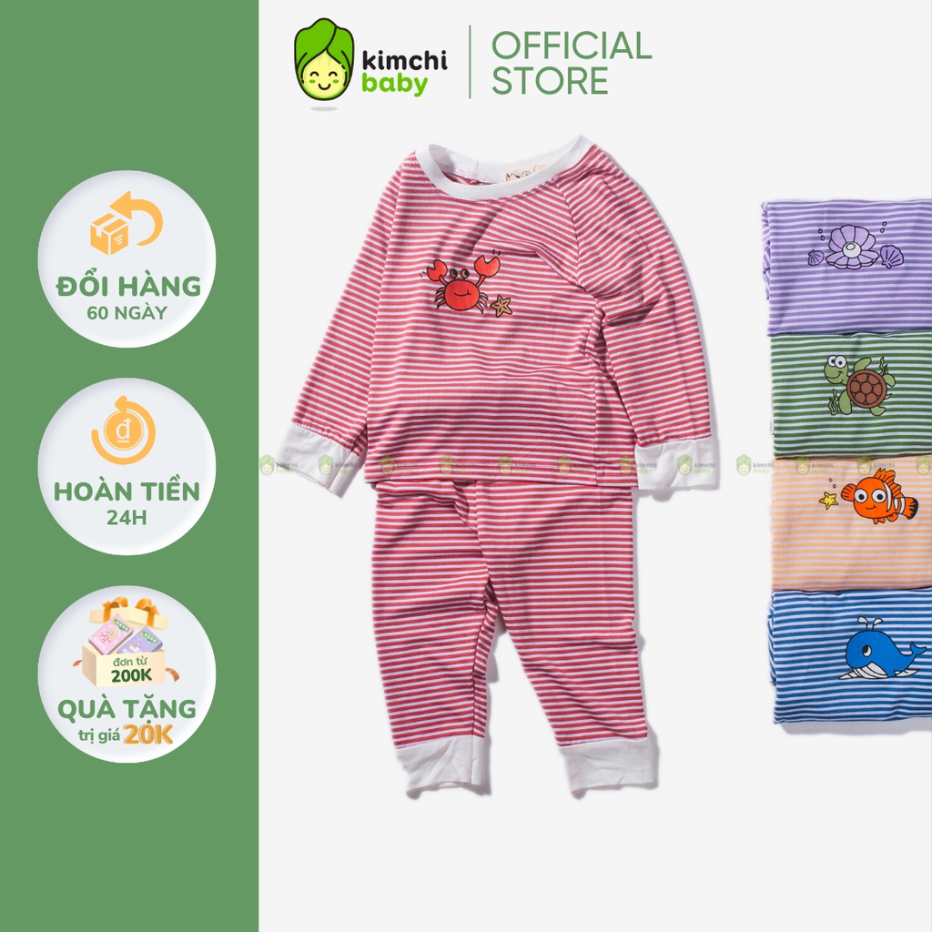 Bộ Dài Tay Bé Gái, Bé Trai KIMCHIBABY Vải Thun Lạnh Sọc Ngang Động Vật In Ngực, Bộ Quần Áo Trẻ Em Thu Đông KWTD2204