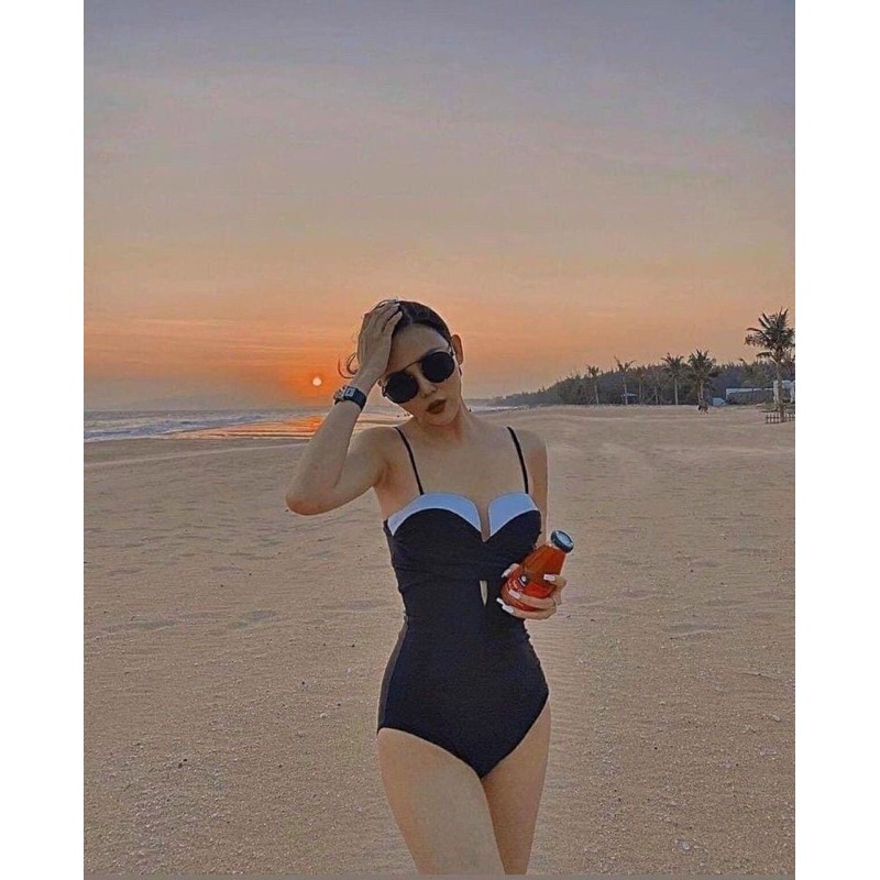 Bikini Đồ Bơi 1 Mảnh Cúp Ngực Xoắn Đen Phối Trắng Nâng Ngực GK0104 (Ảnh Thật)