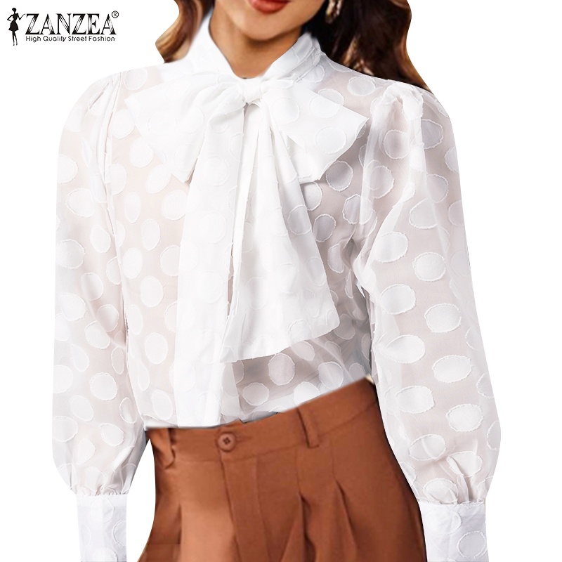 Áo sơ mi Zanzea chấm bi cổ thắt nơ tay dài thời trang dành cho nữ