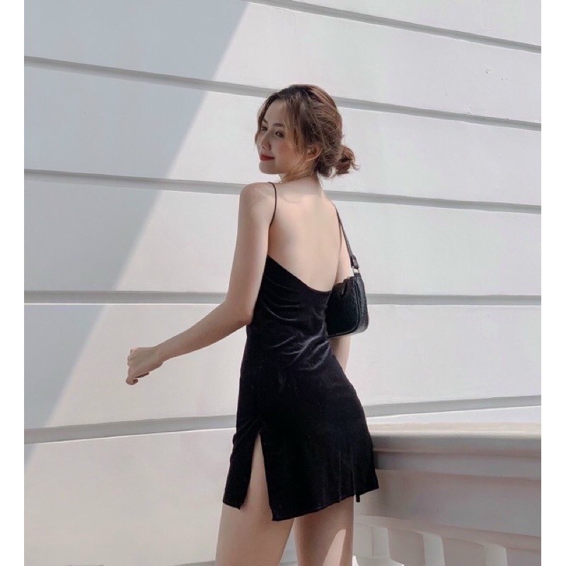 Đầm 2 dây nhung xẻ tà hở lưng_ đầm sexy | BigBuy360 - bigbuy360.vn