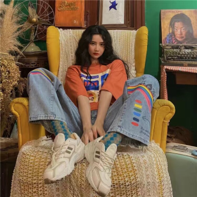 Quần Jean Phong Cách Ulzzang Hoạ Tiết Cầu Vòng 🌈 Kiểu dáng Unisex , Cạp Cao phù hợp cho nữ